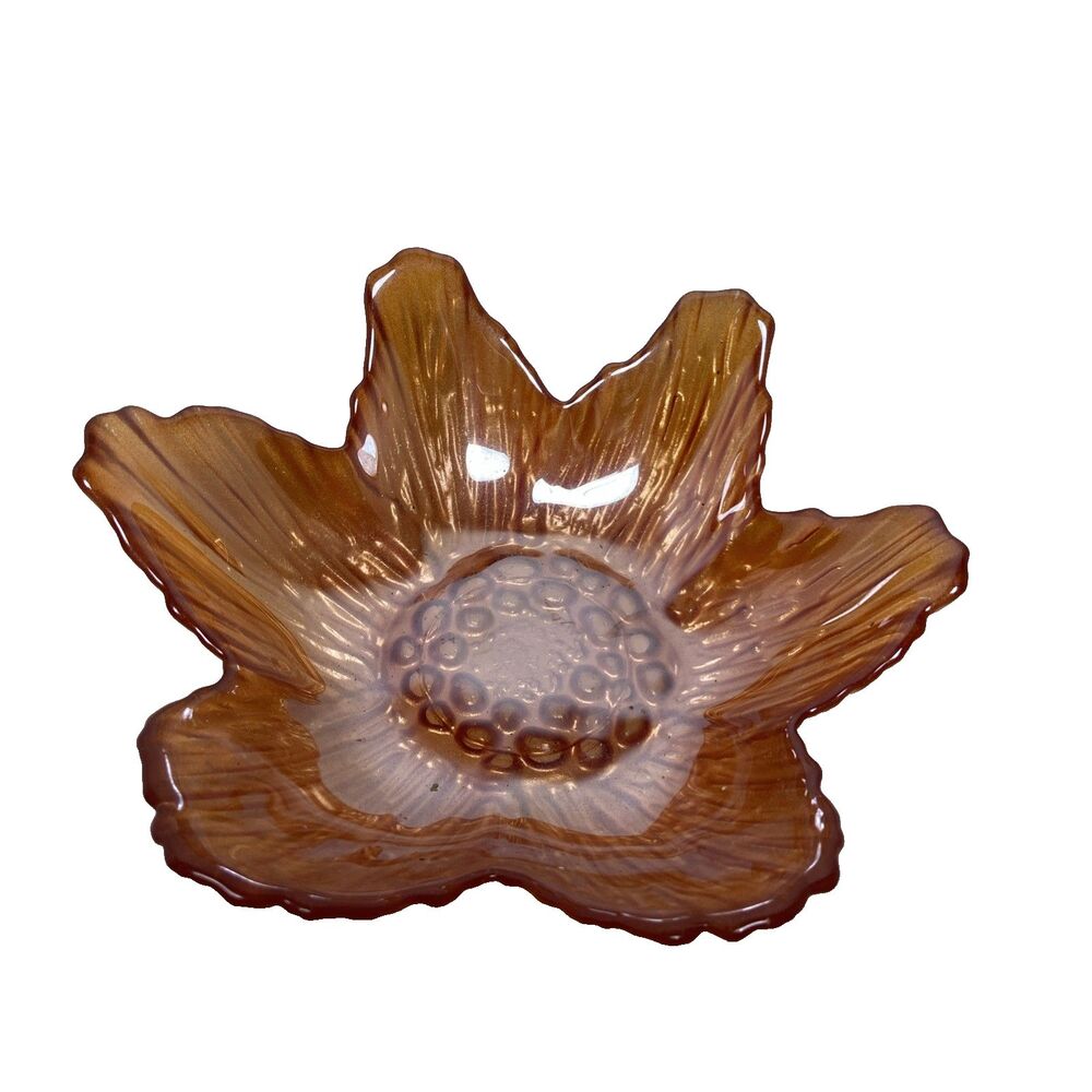 1 Akcam Iridescent Flower Shaped Dessert Art Glass Bowl Handblown Turkey Orange